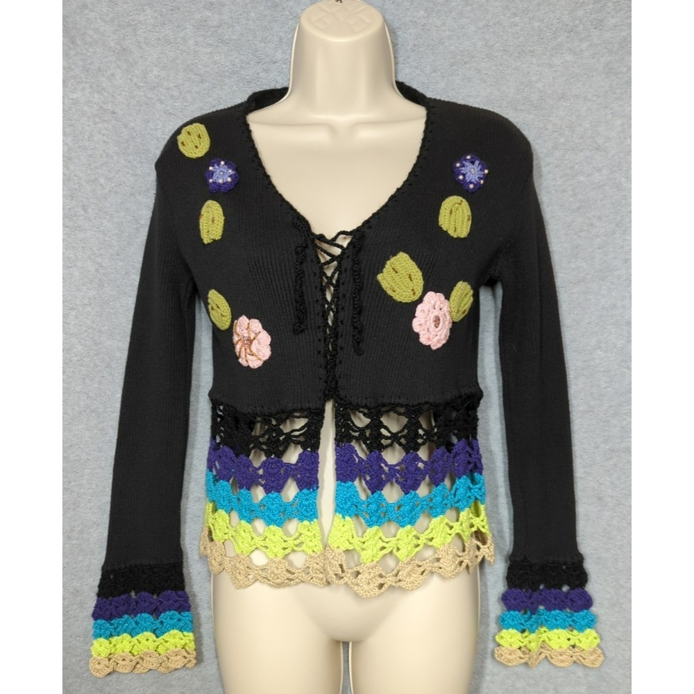 Crochet Ribbed Knit Sweater Top XS Black Multi Color Crochet Work Festival Boho